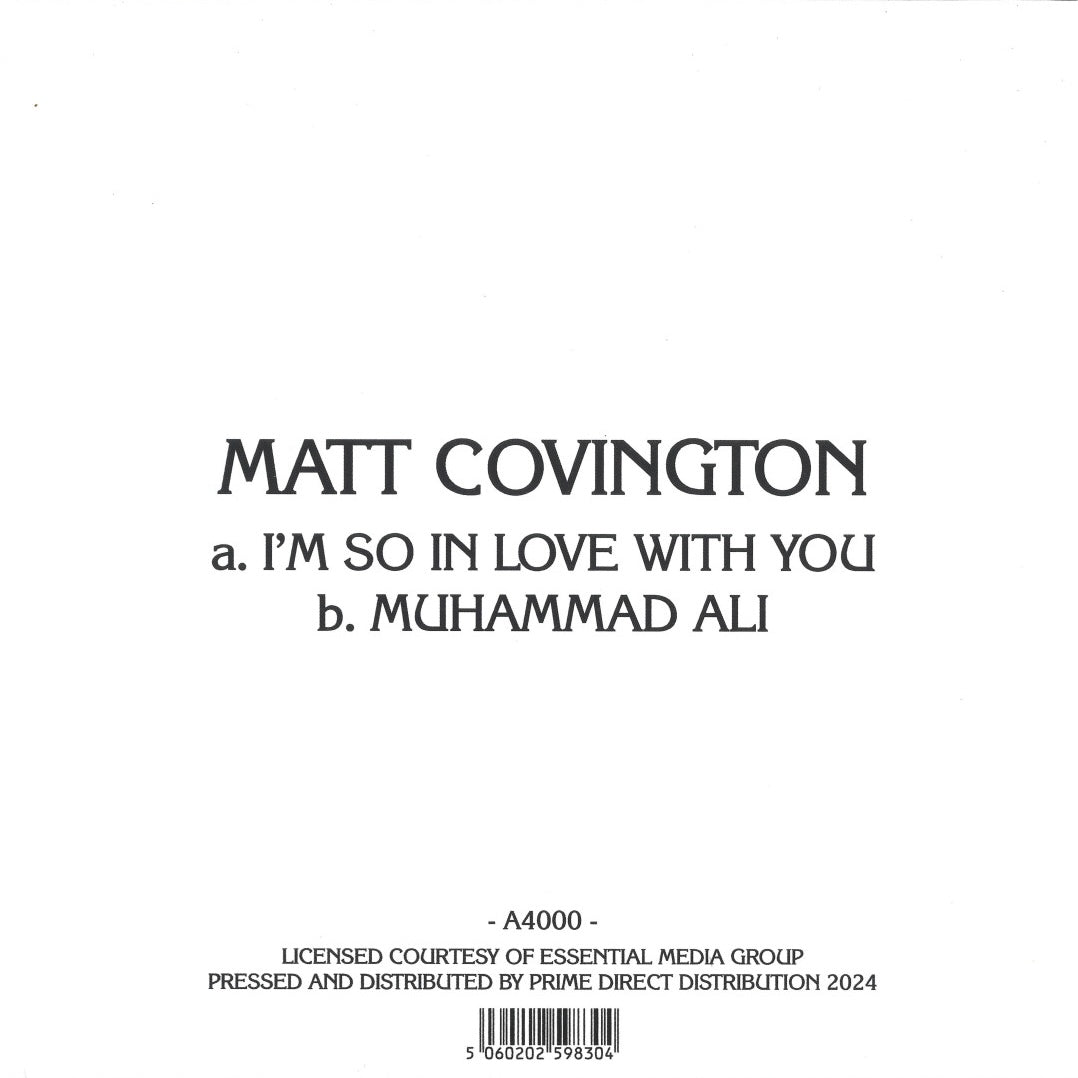 Contraportada del vinilo 7" de Matt Covington – I'm So In Love With You b/w Muhammad Ali mostrando pistas, créditos y número de catálogo A4000