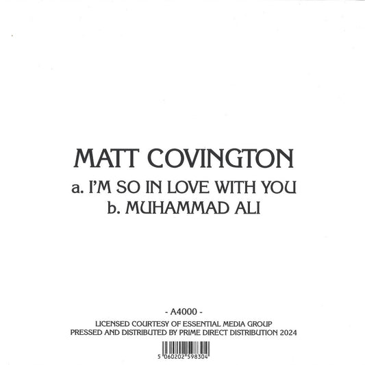 Contraportada del vinilo 7" de Matt Covington – I'm So In Love With You b/w Muhammad Ali mostrando pistas, créditos y número de catálogo A4000