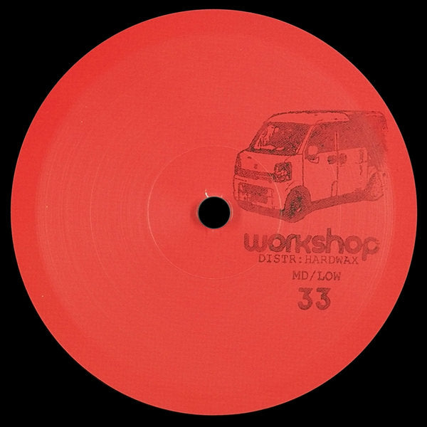 Etiqueta central roja del vinilo MD / Lowtec – Workshop 33 con ilustración de una furgoneta y logo del sello Workshop.