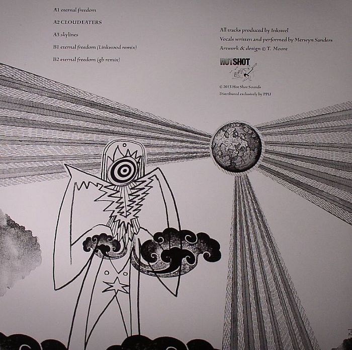 Contraportada del vinilo Cloud Eaters EP de Merwyn & Inkswel, edición 12" limitada en Inner Tribe Records. Contiene lista de canciones y créditos del disco.