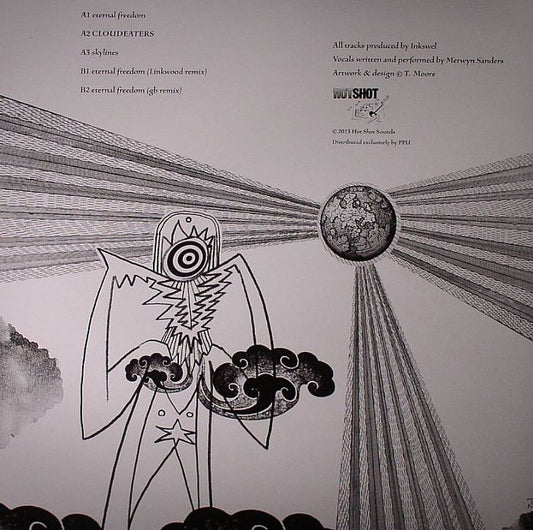 Contraportada del vinilo Cloud Eaters EP de Merwyn & Inkswel, edición 12" limitada en Inner Tribe Records. Contiene lista de canciones y créditos del disco.
