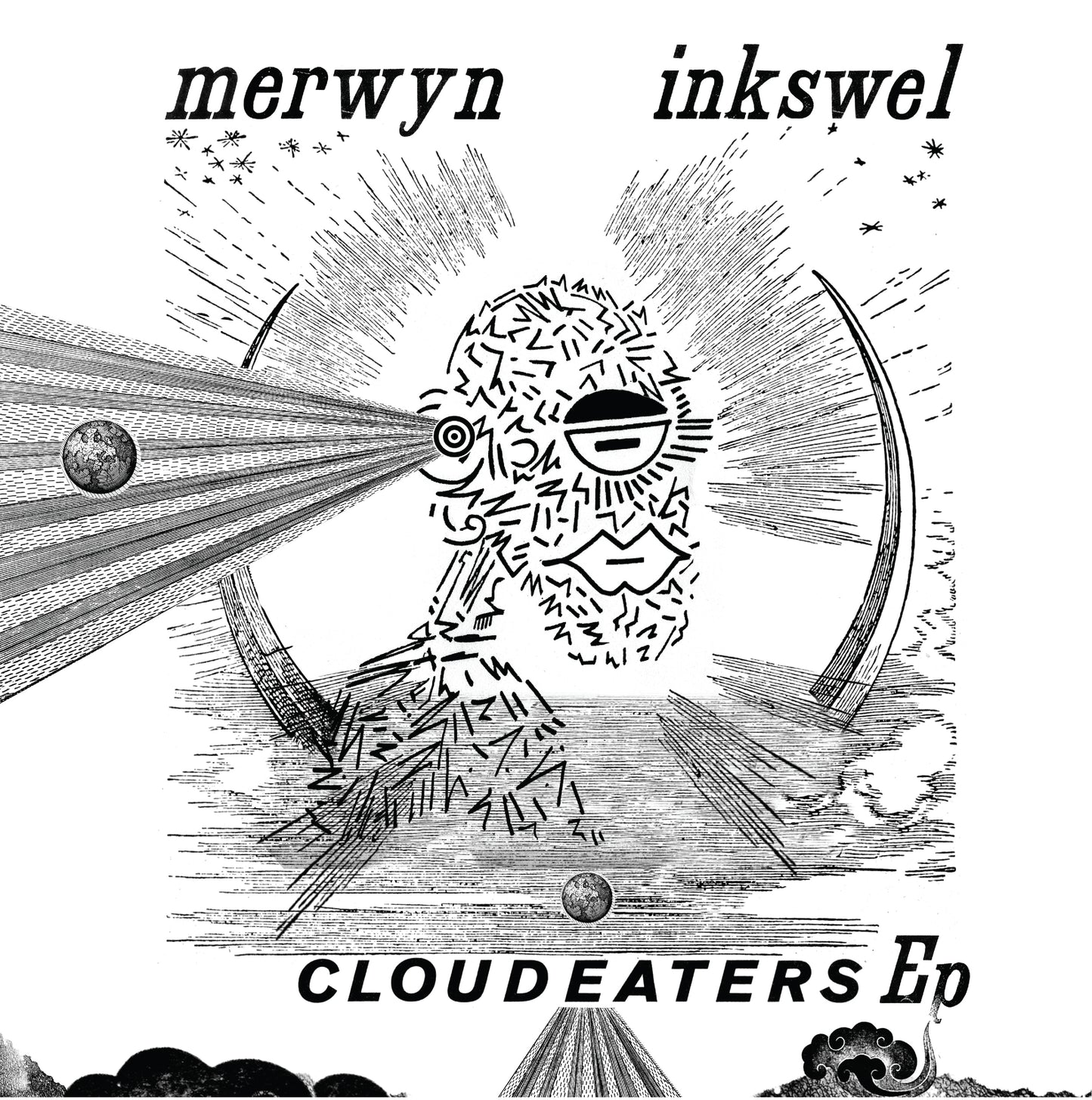Portada del vinilo Cloud Eaters EP de Merwyn & Inkswel, lanzado por Inner Tribe Records en 12" limitado. Arte en blanco y negro con ilustración abstracta.
