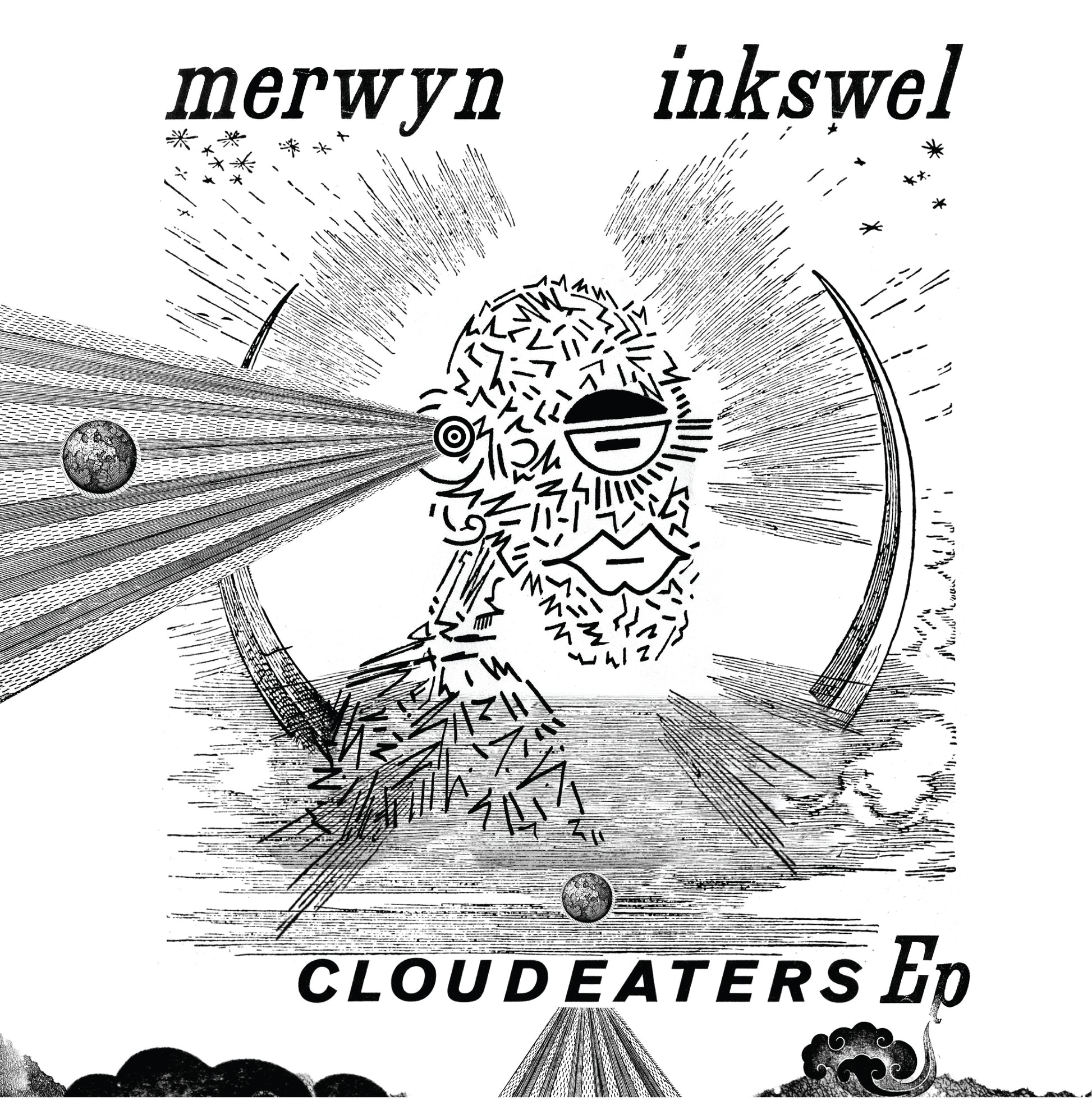 Portada del vinilo Cloud Eaters EP de Merwyn & Inkswel, lanzado por Inner Tribe Records en 12" limitado. Arte en blanco y negro con ilustración abstracta.