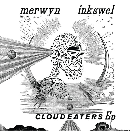 Portada del vinilo Cloud Eaters EP de Merwyn & Inkswel, lanzado por Inner Tribe Records en 12" limitado. Arte en blanco y negro con ilustración abstracta.