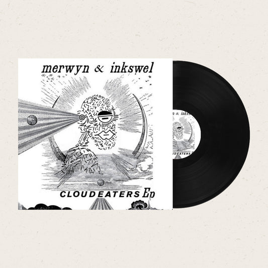 Vinilo negro de Merwyn & Inkswel – Cloud Eaters EP junto a su portada ilustrada en blanco y negro.