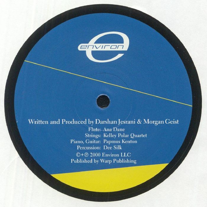 Contraportada del vinilo Metro Area – Metro Area 2, lanzado por Environ en formato 12". Incluye créditos de producción de Darshan Jesrani y Morgan Geist, junto con músicos invitados. Texto impreso: detalles de instrumentos y publicación por Warp Publishing.