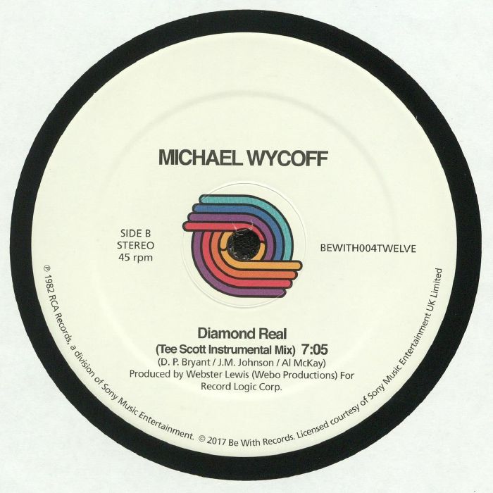 Portada trasera del vinilo de Michael Wycoff – Looking Up To You / Diamond Real. Publicado por Be With Records, formato 12". Detalla el lado B con "Diamond Real (Tee Scott Instrumental Mix)" y créditos adicionales.