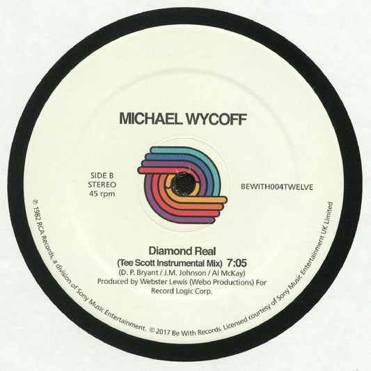Portada trasera del vinilo de Michael Wycoff – Looking Up To You / Diamond Real. Publicado por Be With Records, formato 12". Detalla el lado B con "Diamond Real (Tee Scott Instrumental Mix)" y créditos adicionales.