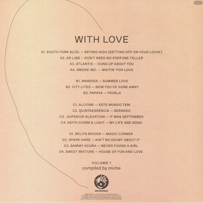Contraportada del vinilo "With Love Volume 1" de Miche, lanzado por Mr Bongo. Incluye la lista de canciones, créditos y detalles del 2xLP en impresión nítida.
