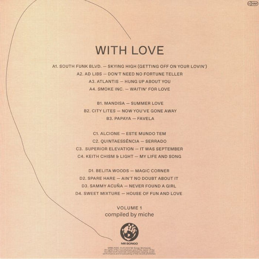 Contraportada del vinilo "With Love Volume 1" de Miche, lanzado por Mr Bongo. Incluye la lista de canciones, créditos y detalles del 2xLP en impresión nítida.