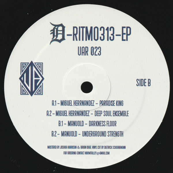 Lado B de vinilo Miguel Herrnandez / Manuold – D-Ritmo 313 EP con etiqueta blanca, catálogo UAR 023, listado de pistas y créditos impresos visibles.