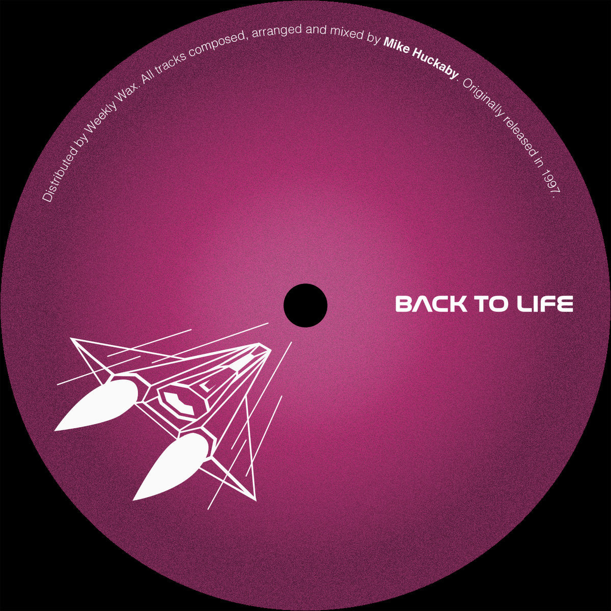 Lado B del vinilo Mike Huckaby – The Jazz Republic 12" reedición Back To Life, etiqueta rosa minimal con logo nave, créditos circulares y diseño limpio sin pistas visibles.