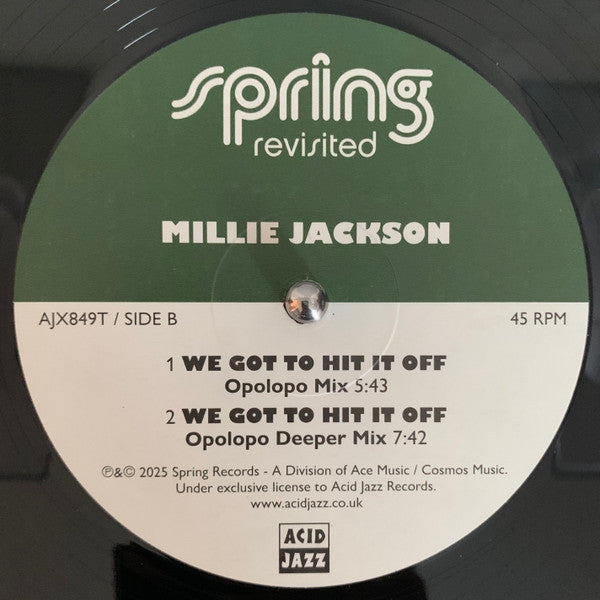 Etiqueta del lado B del vinilo Millie Jackson – We Got To Hit It Off con mezclas de Opolopo, duración visible y arte del sello Acid Jazz.