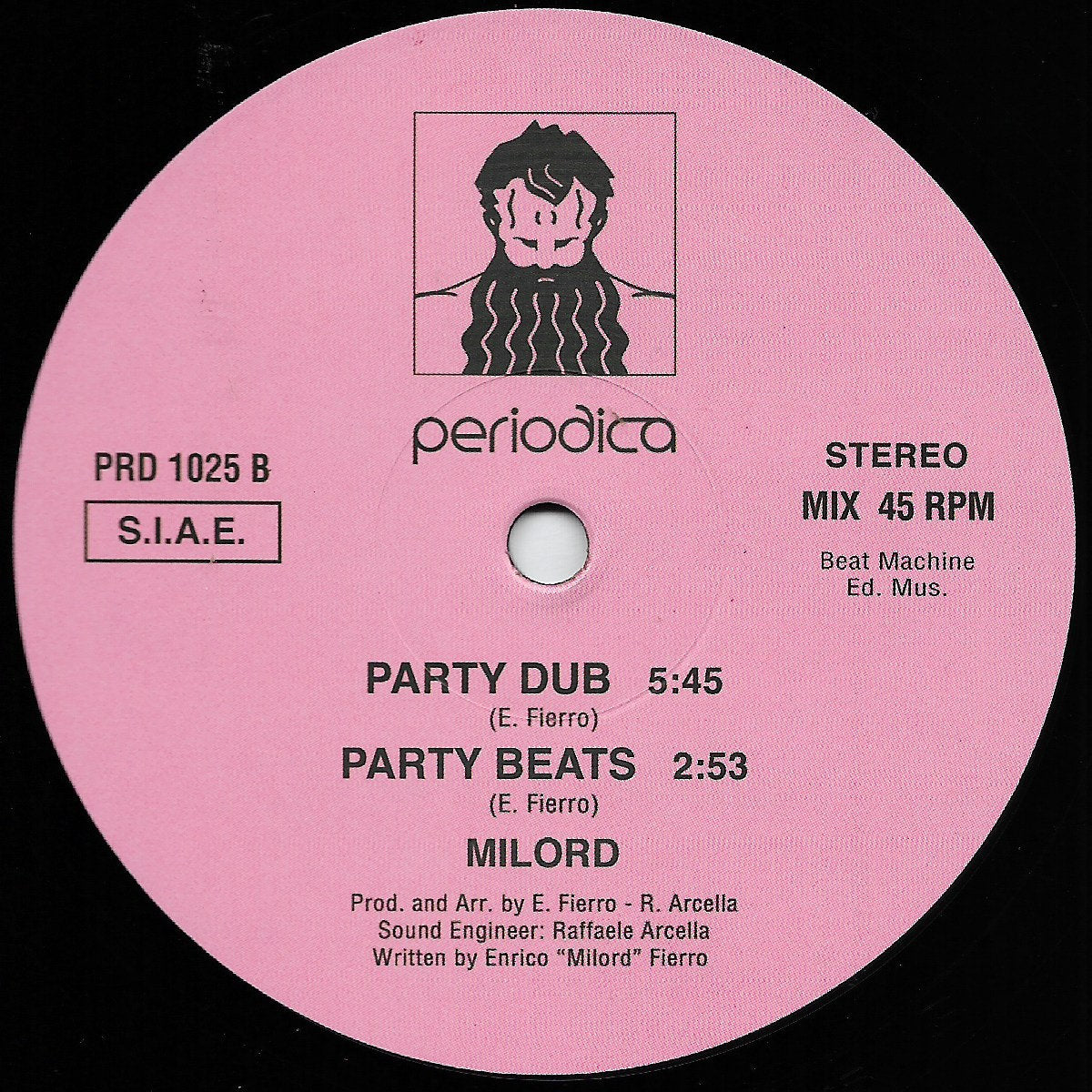 Lado B del vinilo Milord – Party Line con etiqueta rosa, Party Dub y Party Beats, duración de pistas y sello Periodica Records.