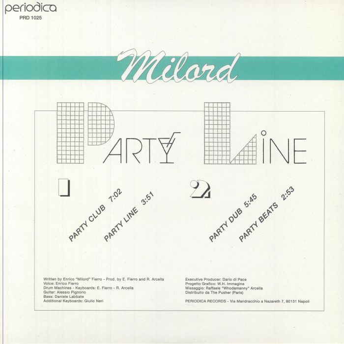 Contraportada del vinilo Milord – Party Line, lanzado por Periodica Records en formato 12". Incluye la lista de canciones, créditos de producción y diseño gráfico.