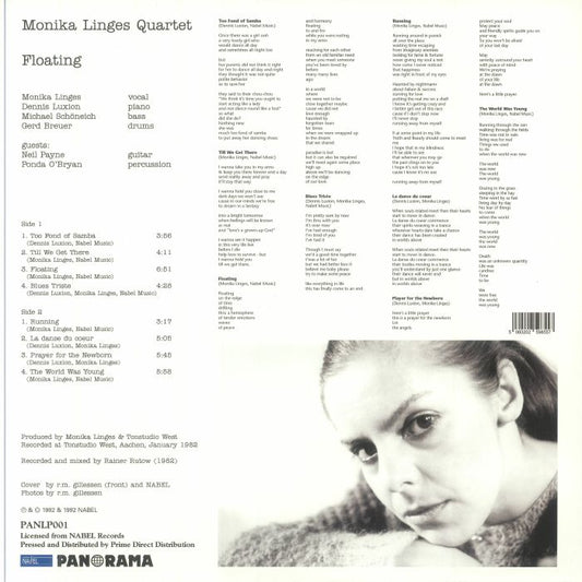 Contraportada del vinilo Monika Linges – Floating con créditos completos, letras de canciones y foto en blanco y negro de la artista.