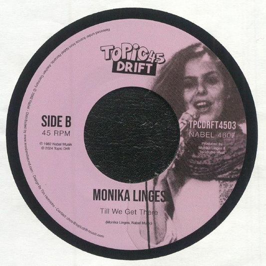 Portada trasera del vinilo “Running / Till We Get There” de Monika Linges, editado por TopicDrift45 en 7". Incluye información del sello, créditos y lista de canciones.