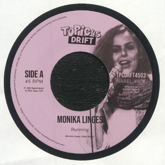 Portada delantera del vinilo “Running / Till We Get There” de Monika Linges, lanzado por TopicDrift45 en formato 7". Diseño con fotografía del artista.