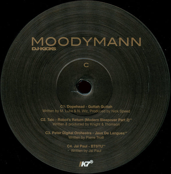Etiqueta central del lado C del vinilo Moodymann – DJ-Kicks con tracks de Dopehead, Talc, Peter Digital Orchestra y Jai Paul en !K7.