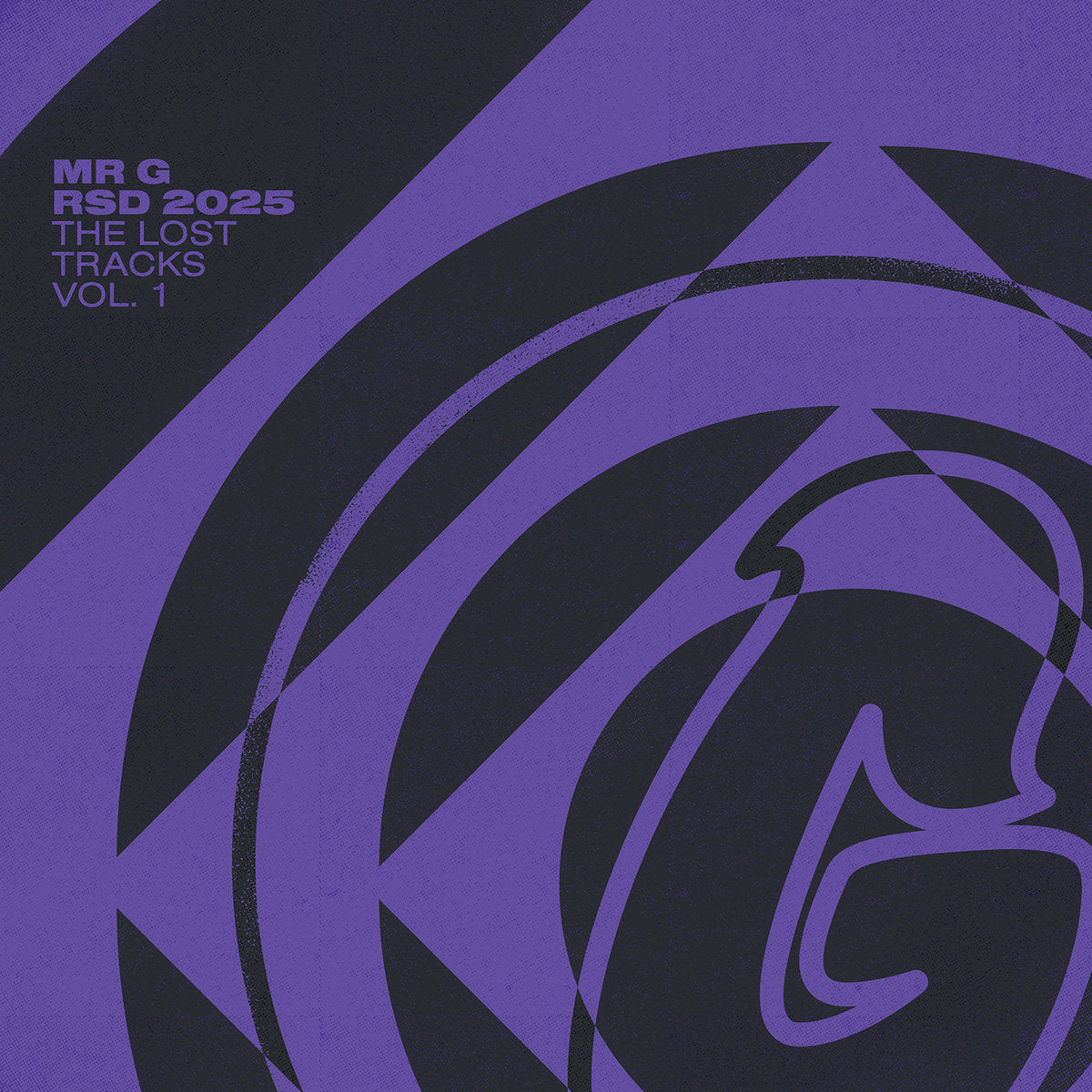 Diseño abstracto en morado y negro de la portada del vinilo Mr. G – RSD 2025 The Lost Tracks Vol. 1, edición limitada de Phoenix G.