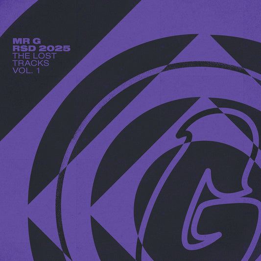 Diseño abstracto en morado y negro de la portada del vinilo Mr. G – RSD 2025 The Lost Tracks Vol. 1, edición limitada de Phoenix G.