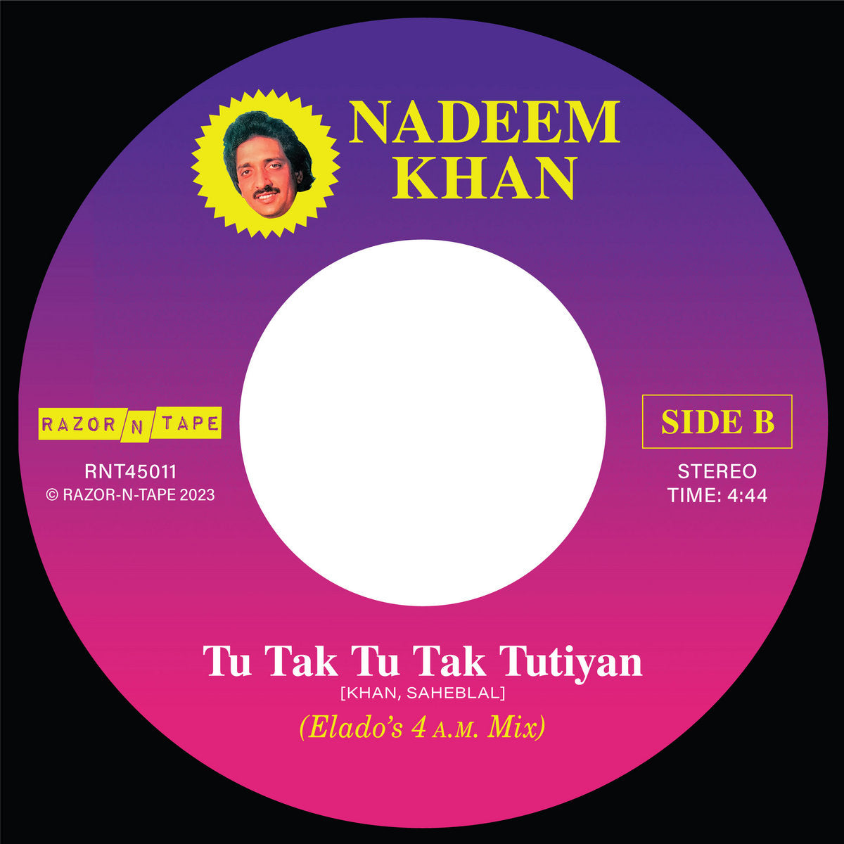 Etiqueta central lado B del vinilo Nadeem Khan – Tu Tak Tu Tak Tutiyan (Elado Remixes), con título, créditos, duración 4:44 y arte morado y rosa característico de Razor-N-Tape 45.