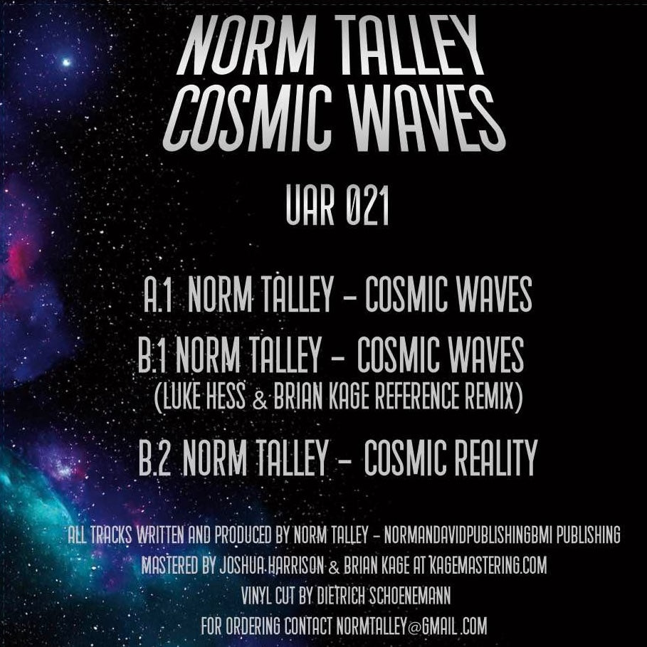 Contraportada del vinilo Norm Talley – Cosmic Waves 12” con listado de pistas, créditos y catálogo de Upstairs Asylum.