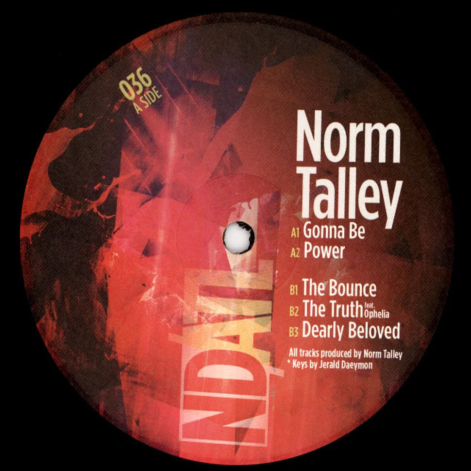 Portada delantera del vinilo Norm Talley – Dearly Beloved, editado por NDATL Muzik en formato 12". Se muestra el lado A con los temas “Gonna Be” y “Power”, junto con créditos de producción.