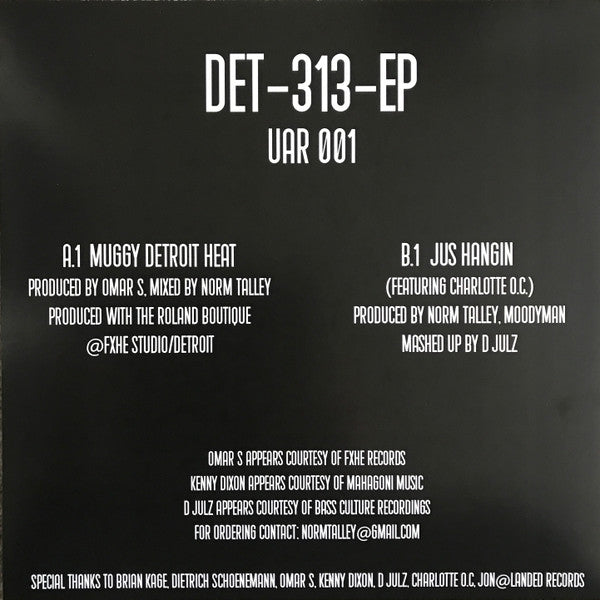 Contraportada del vinilo Norm Talley, Moodymann, Omar S – Det-313-EP con listado de pistas, créditos de producción y sello Upstairs Asylum Recordings.