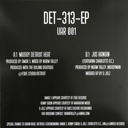 Contraportada del vinilo Norm Talley, Moodymann, Omar S – Det-313-EP con listado de pistas, créditos de producción y sello Upstairs Asylum Recordings.