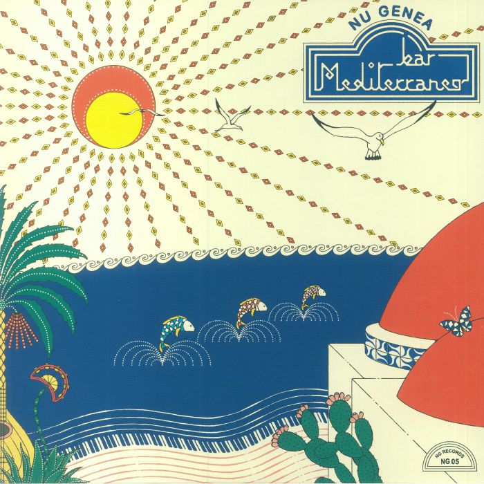 Portada delantera del vinilo Bar Mediterraneo de Nu Genea, lanzado por NG Records en formato LP. Arte colorido con sol, mar y elementos mediterráneos.