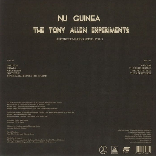 Contraportada del vinilo Nu Guinea – The Tony Allen Experiments con tracklist y créditos, edición LP Mini-Álbum de Comet Records.