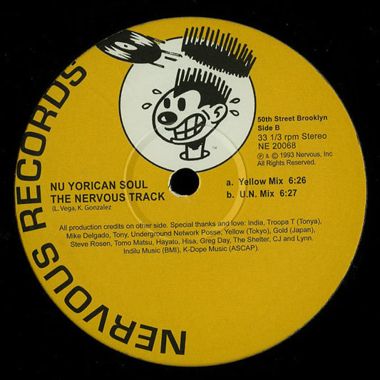 Portada trasera del vinilo Nu Yorican Soul – The Nervous Track, editado por Nervous Records en 12" reedición. Lado B con mezclas Yellow y U.N., más créditos y dedicatorias impresas.