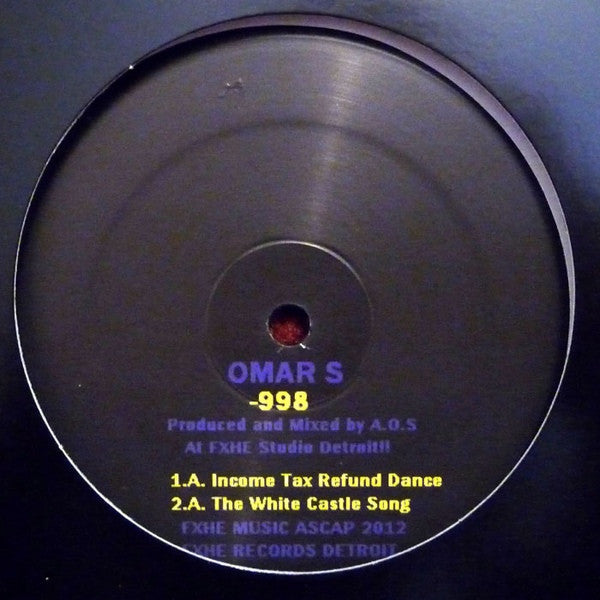 Portada delantera del vinilo Omar S - 998, con canciones "Income Tax Refund Dance" y "The White Castle Song".