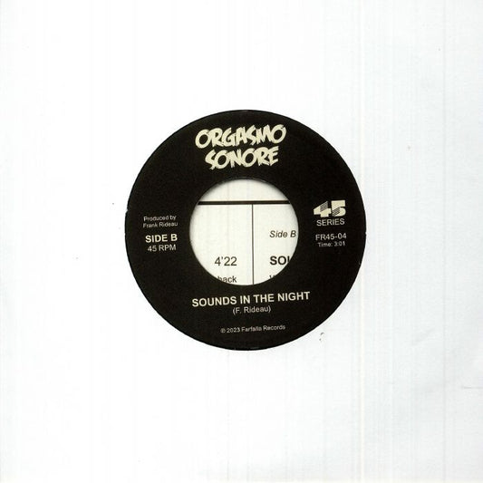 Portada trasera del vinilo Orgasmo Sonore – Pop Sensation / Sounds In The Night de Farfalla Records. Edición en 7" con lista de canciones y detalles de producción.