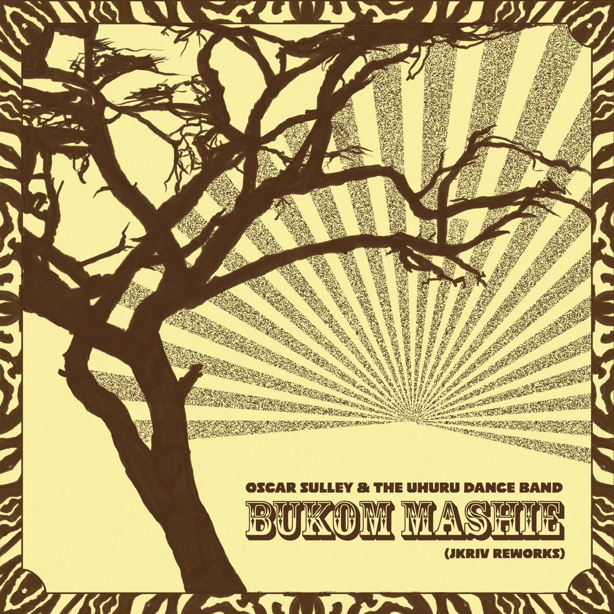 Etiqueta lado A del vinilo Oscar Sulley & The Uhuru Dance Band – Bukom Mashie (JKriv Reworks), con diseño marrón y catálogo RNT45013 de Razor-N-Tape 45, formato 7", 45 RPM.