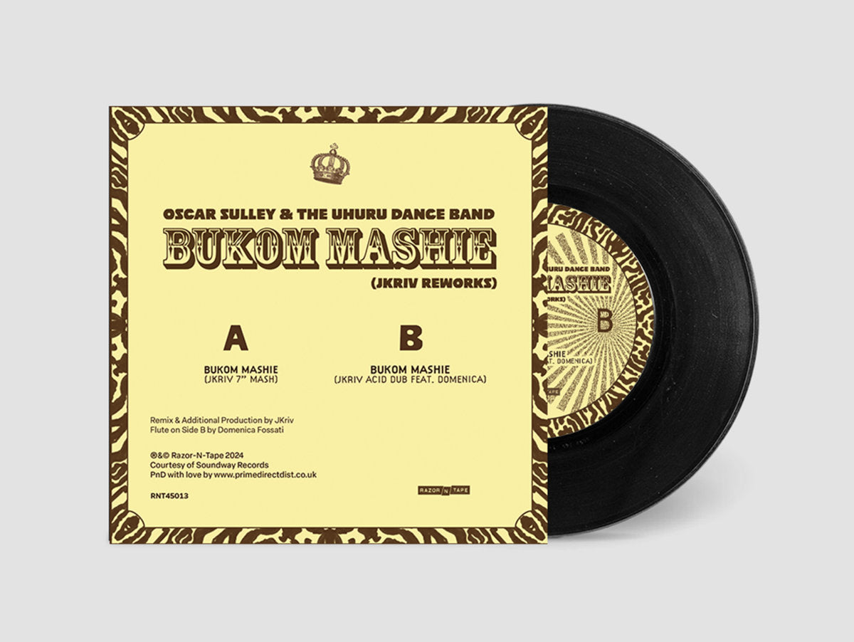 Contraportada del vinilo Oscar Sulley & The Uhuru Dance Band – Bukom Mashie (JKriv Reworks), mostrando lista de pistas lado A y B, créditos de producción y sello Razor-N-Tape 45 en formato 7", 45 RPM.