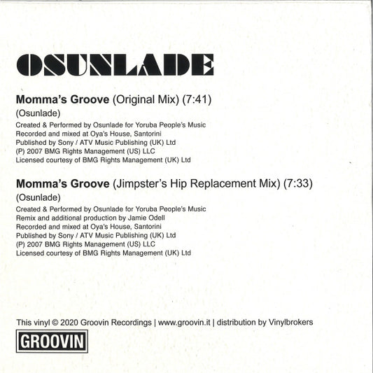 Contraportada del vinilo Osunlade – Momma's Groove con créditos, mezclas, duraciones y logo de Groovin Recordings en formato 12", reedición.