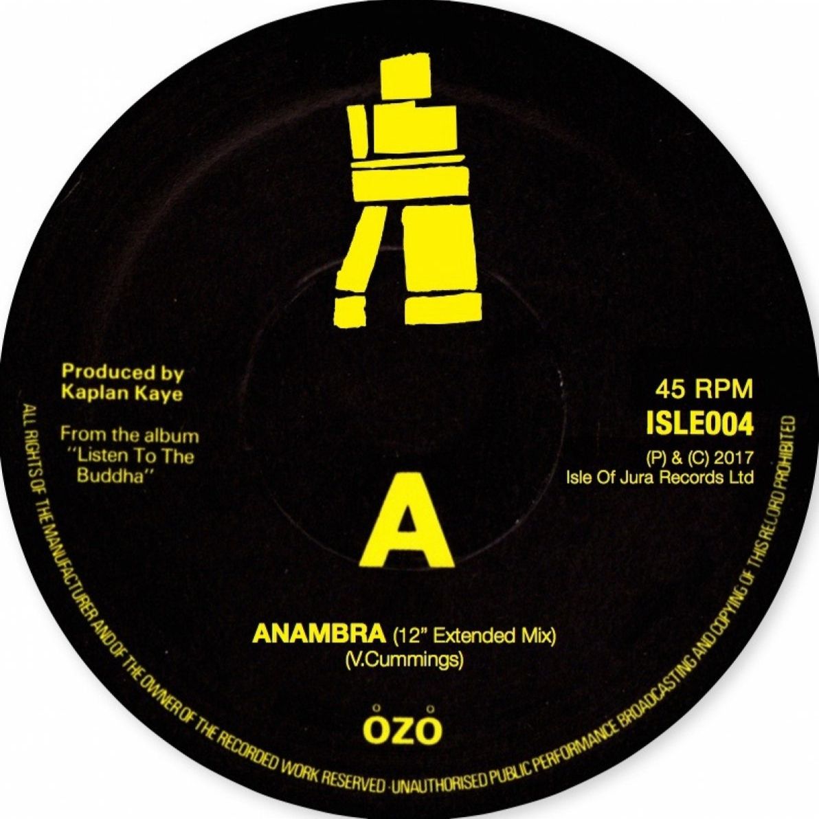 Etiqueta central del lado A del vinilo Ozo – Anambra con el tema “Anambra (12" Extended Mix)”, créditos de producción y logo de Isle Of Jura.
