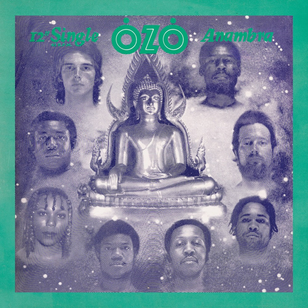 Portada del vinilo Ozo – Anambra con marco turquesa y arte psicodélico centrado en una figura budista rodeada por los rostros de los músicos.