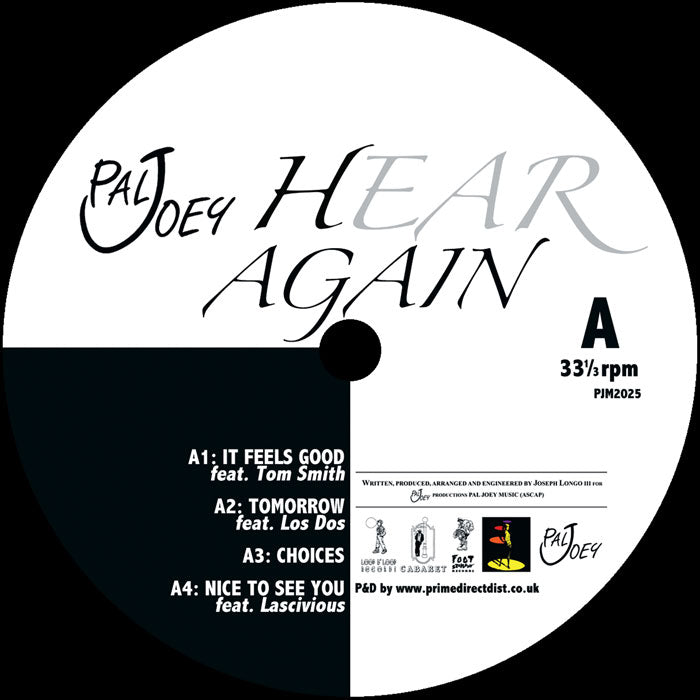 Etiqueta central del lado A del vinilo Pal Joey – Hear Again mostrando las 4 pistas con créditos, BPM y catálogo PJM2025.