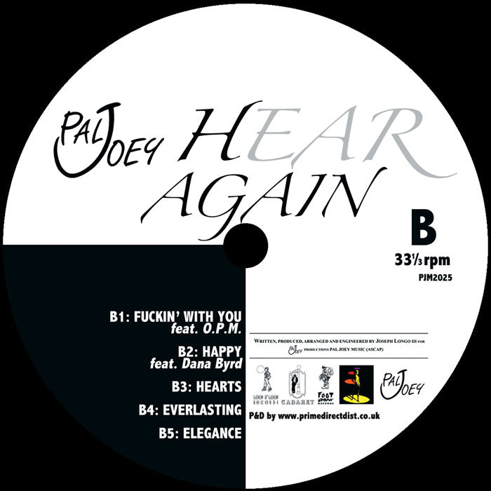 Etiqueta del lado B del vinilo Pal Joey – Hear Again con listado de 5 temas, colaboradores, sello Pal Joey Music y diseño clásico en blanco y negro.