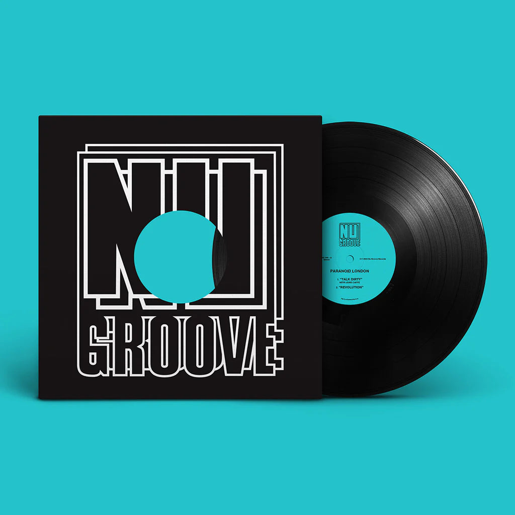 Vinilo Paranoid London – Talk Dirty 12" en su funda oficial de Nu Groove Records, diseño negro con logo en blanco y etiqueta central turquesa visible.