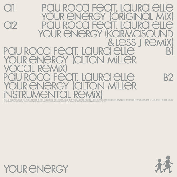 Contraportada del vinilo Pau Roca Feat. Laura Elle – Your Energy de Escola, mostrando listado de pistas y créditos en tipografía moderna gris sobre fondo claro.