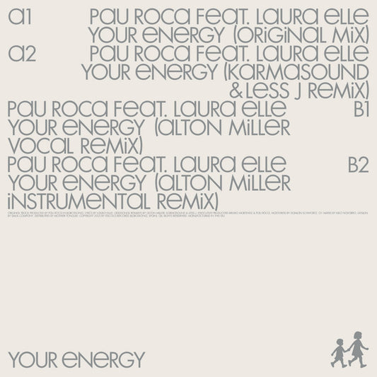 Contraportada del vinilo Pau Roca Feat. Laura Elle – Your Energy de Escola, mostrando listado de pistas y créditos en tipografía moderna gris sobre fondo claro.