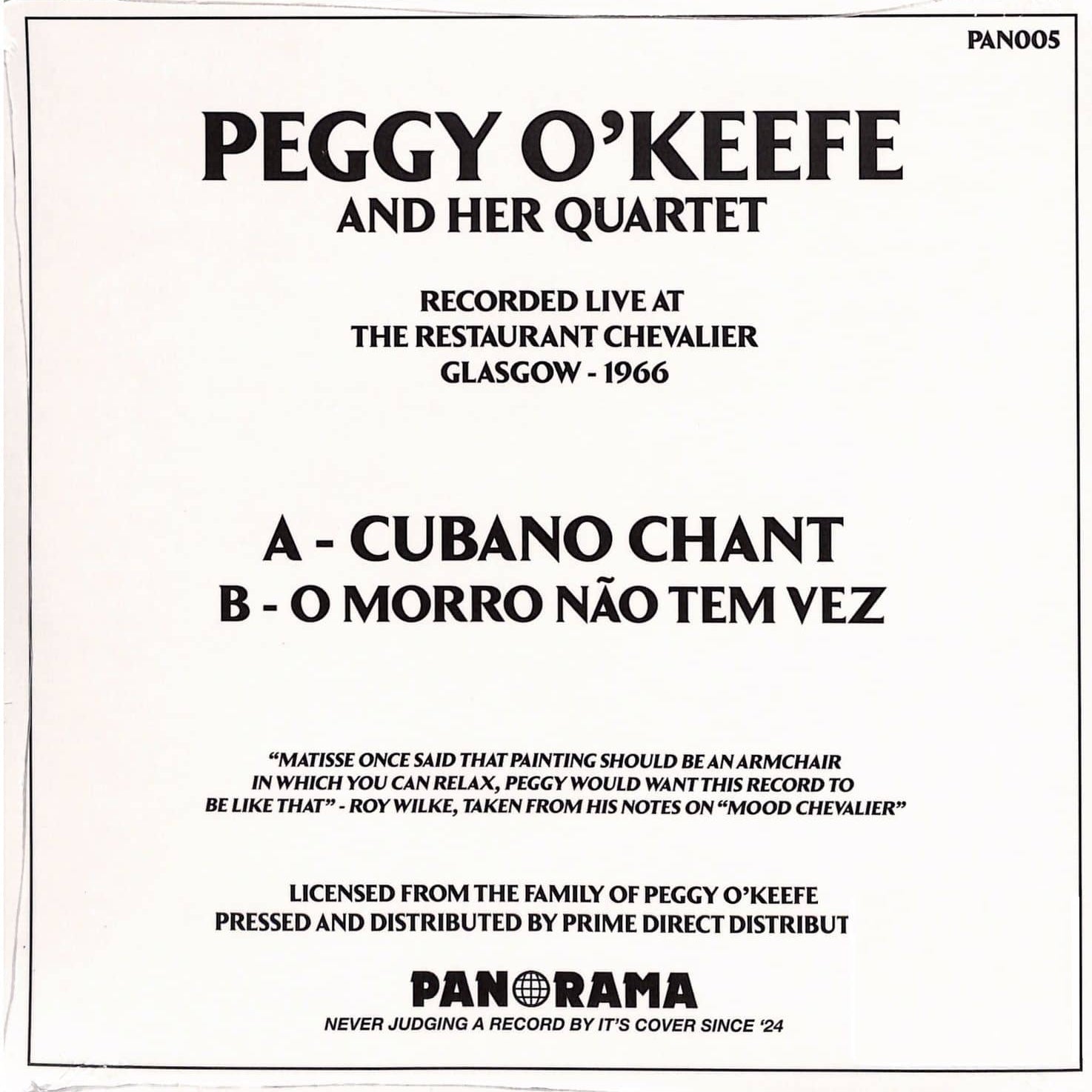 Contraportada del vinilo Peggy O'Keefe – Cubano Chant en Panorama, 7", 45 RPM, reedición remasterizada, con créditos y listado de pistas.