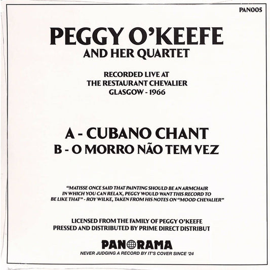 Contraportada del vinilo Peggy O'Keefe – Cubano Chant en Panorama, 7", 45 RPM, reedición remasterizada, con créditos y listado de pistas.