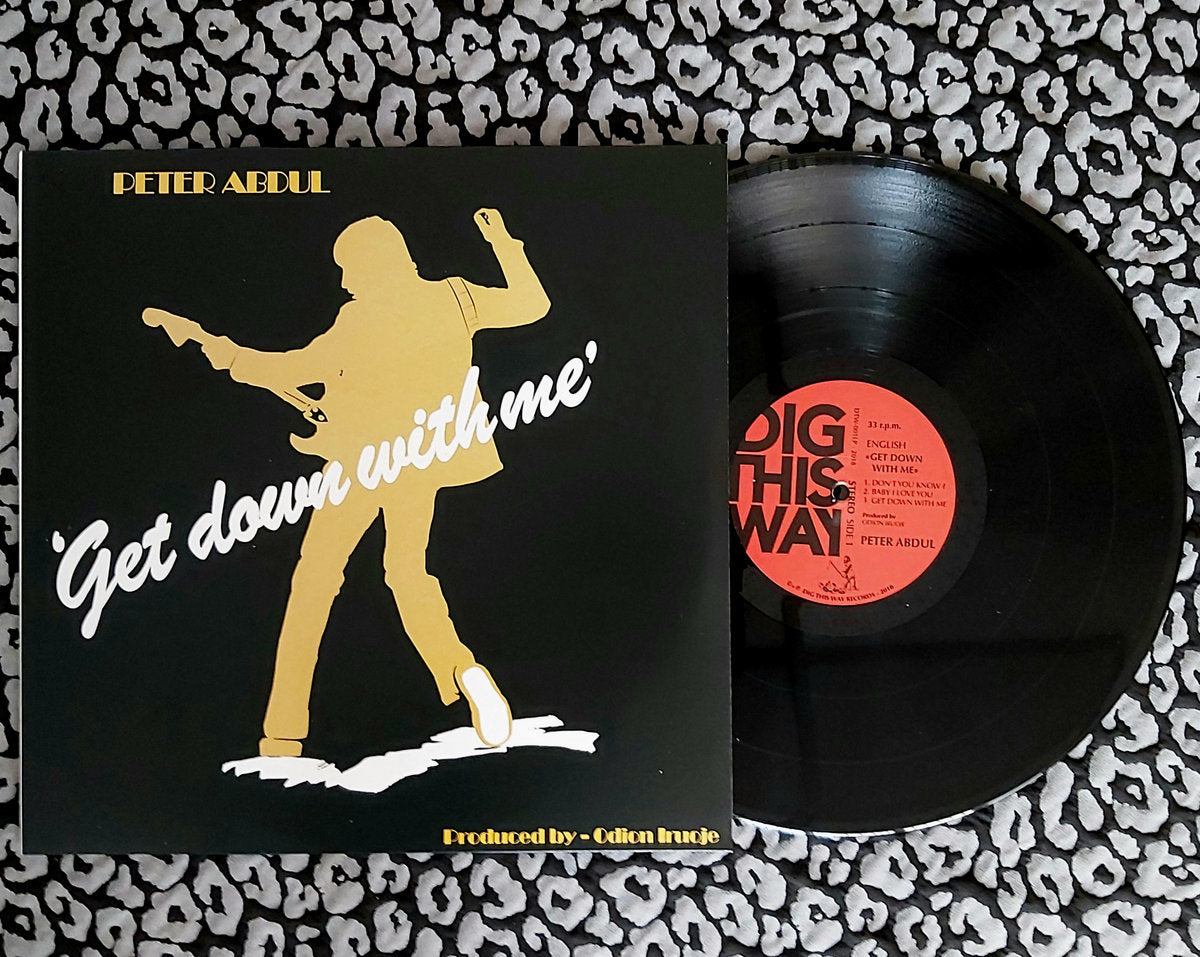 Vinilo Peter Abdul – Get Down With Me en reedición LP con funda negra y dorada abierta mostrando disco con etiqueta roja.