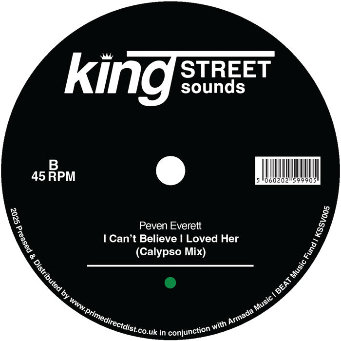 Lado B del vinilo Peven Everett – I Can't Believe I Loved Her con Calypso Mix, incluye código de barras y créditos de distribución.