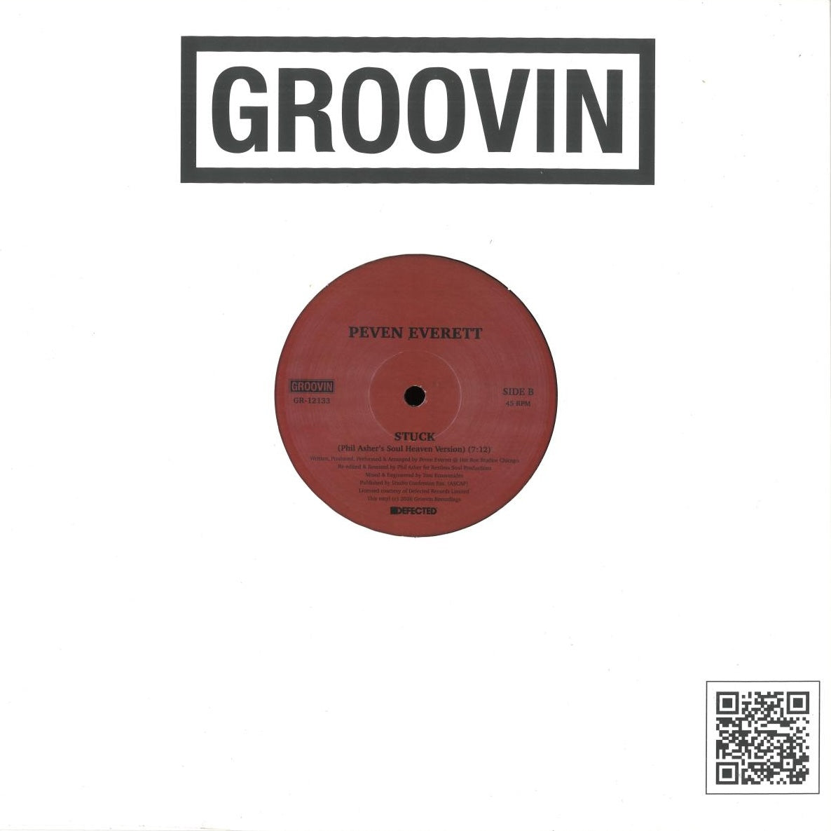Contraportada del vinilo Peven Everett – Stuck, reedición 12" de Groovin Recordings con etiqueta central roja del lado B y código QR en la esquina inferior.